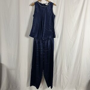 Jones New York Satin Sleep Set Womens Large Navy Tank Top Pants Lounge